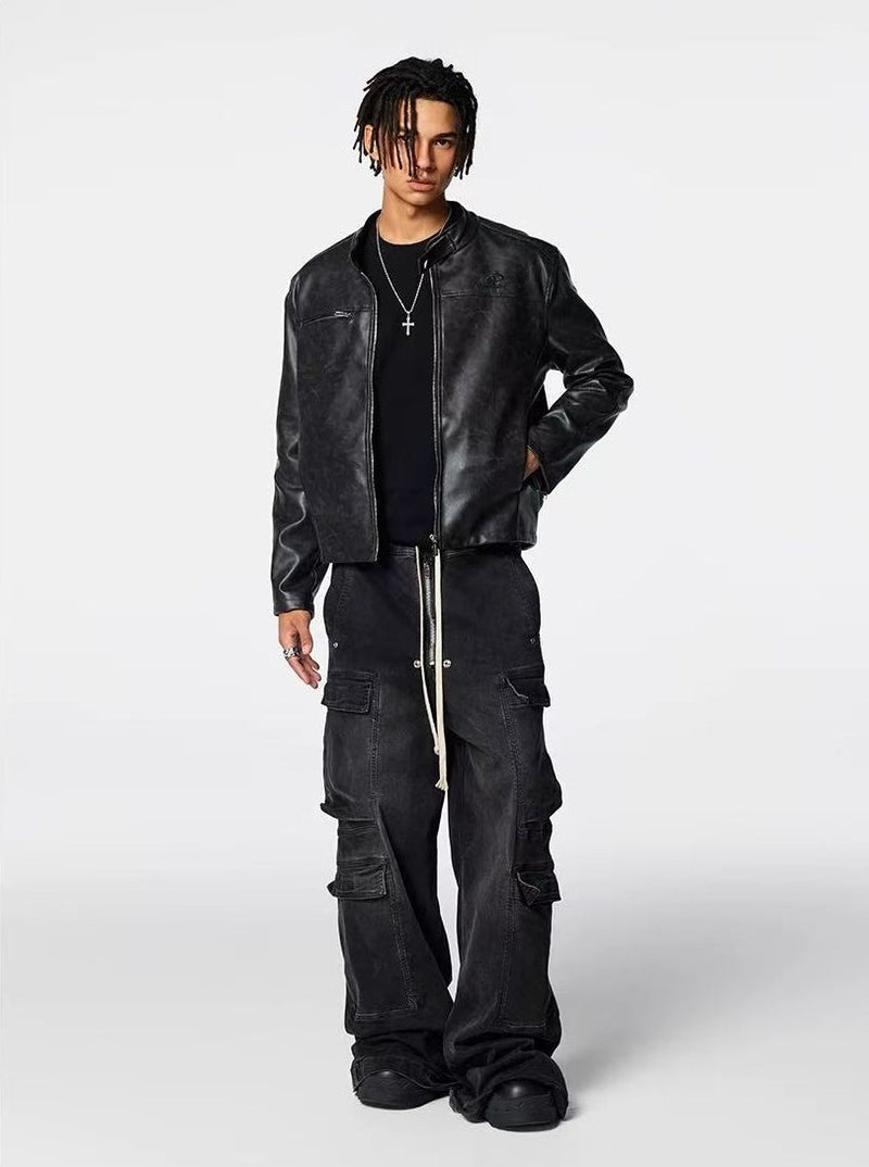 ACHOCK Stand Collar Slim Fit Leather Jacket