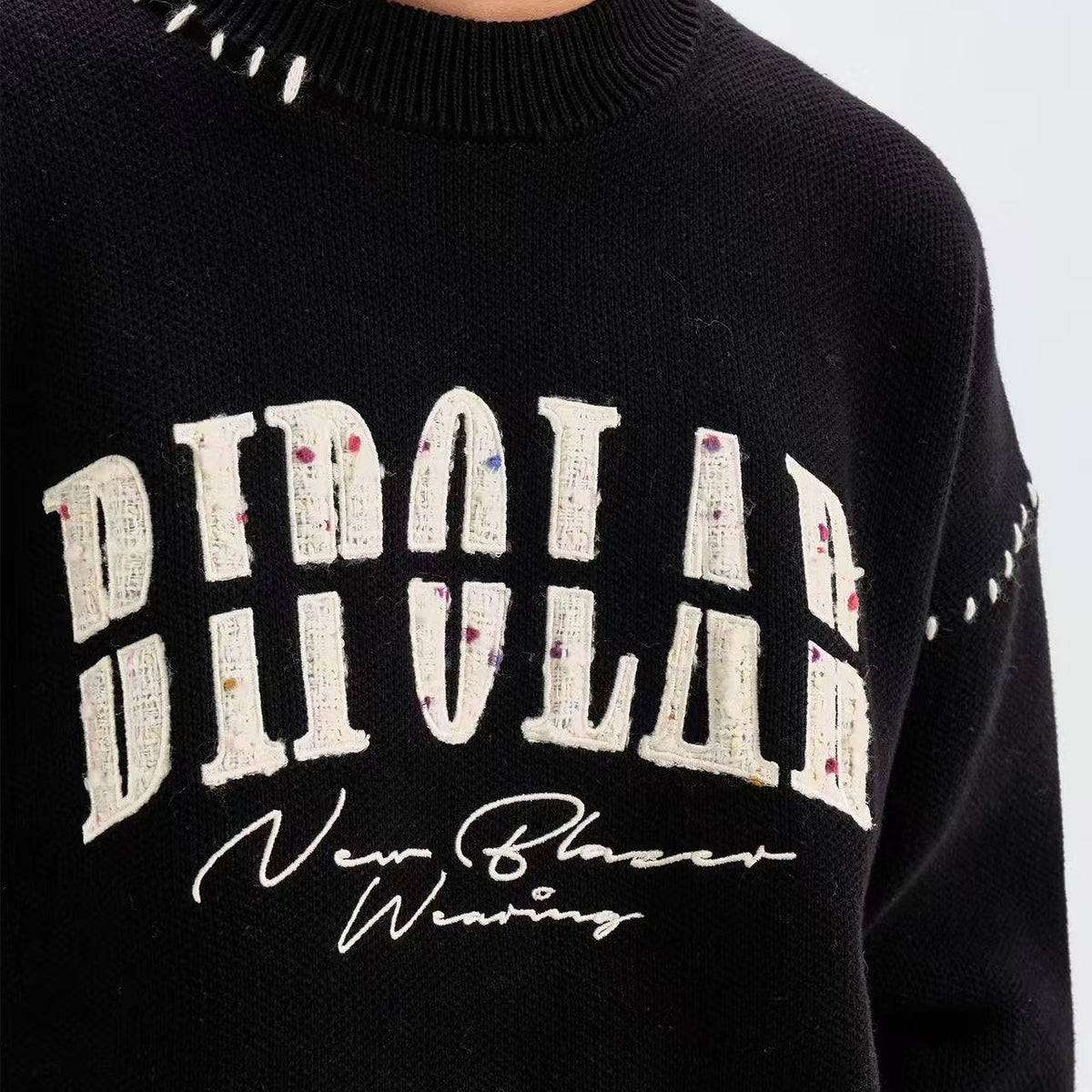 BIPOLAR Patch Embroidered Round Neck Pullover Sweater