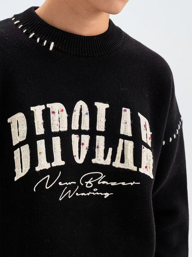 BIPOLAR Patch Embroidered Round Neck Pullover Sweater