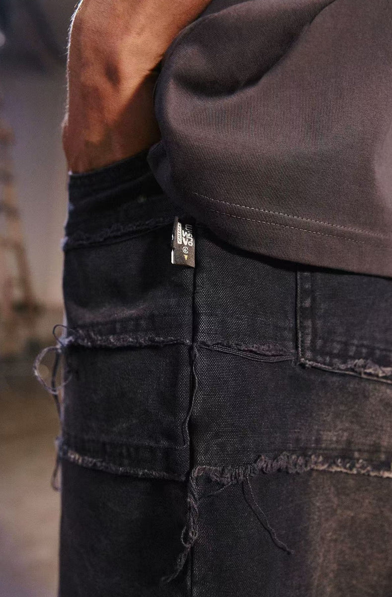 REMEDY Destroyed Fringe Paneled Denim Shorts
