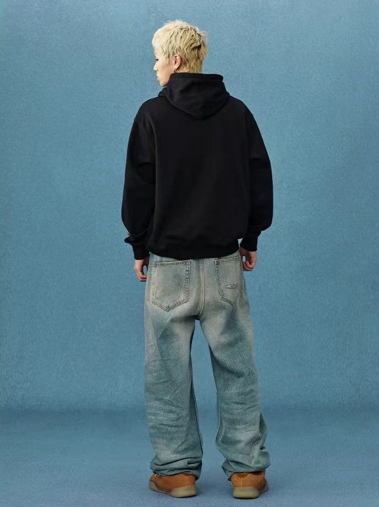 MEDM Distressed Font Heart Plush Leopard Print Zip Hoodie