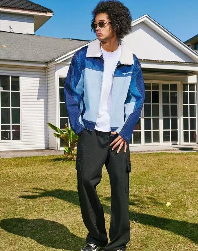 AFGK Spliced Fur Collar Denim Letter Embroidery Jacket