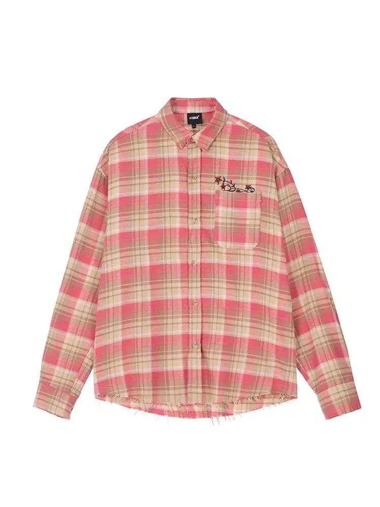 ACHOCK Embroidery Fringe Plaid Long Sleeve Shirt