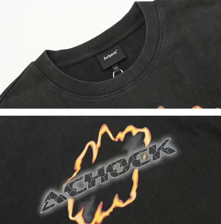 ACHOCK Washed Distressed Flame Print T-shirts