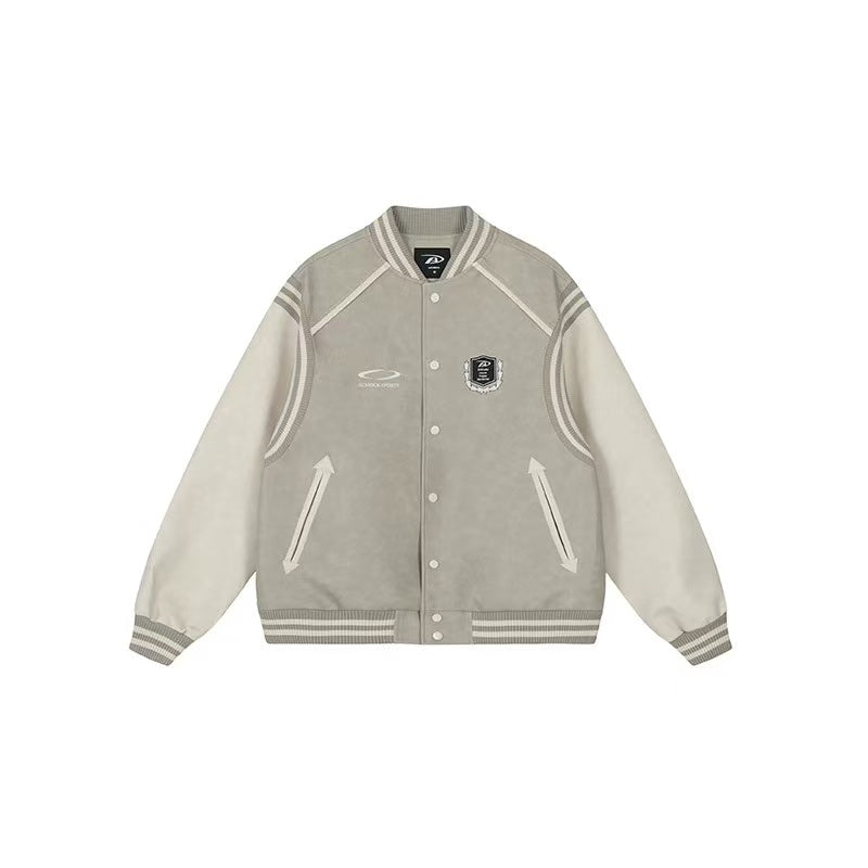 ACHOCK Logo Embroidered Retro Color Block Baseball Leather Jacket