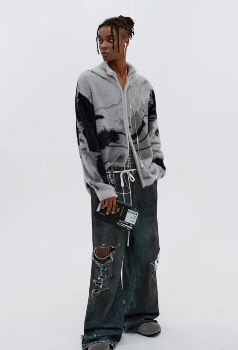 ATRY Irregular Gradient Cardigan Stand Collar Sweater