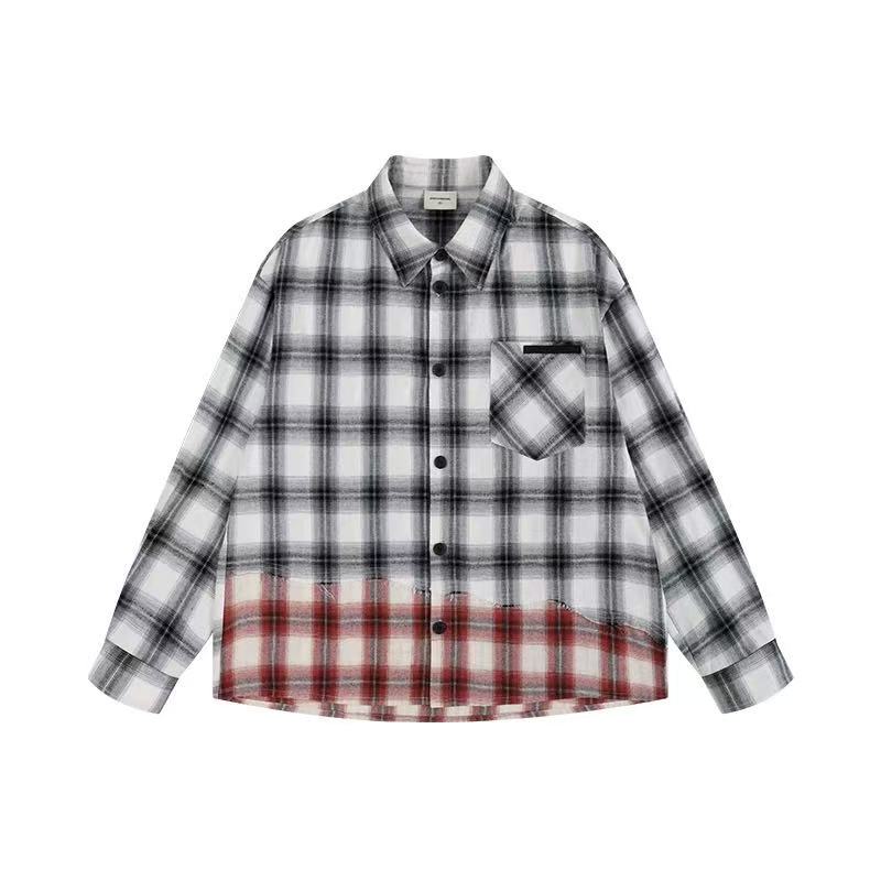 ATRY Plaid Paneled Raw Edge Long-sleeved Shirt
