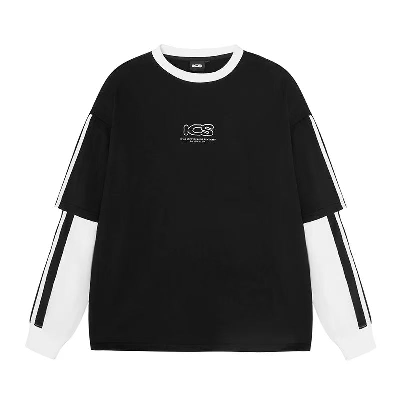 ICONSLAB Striped Webbing Fake Two-piece loose Pullover Crew Neck Sweatshirt