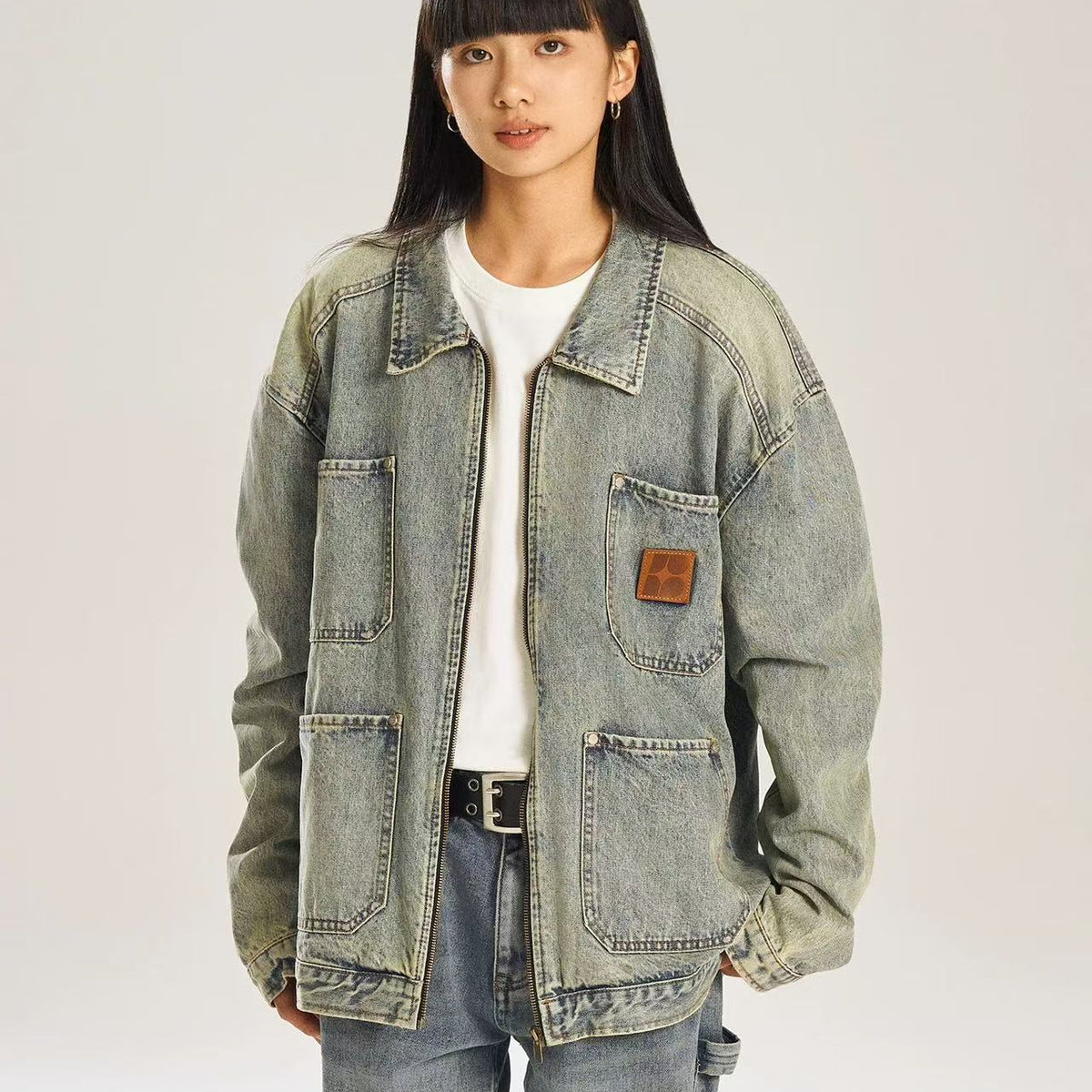 BIPOLAR Retro Distressed Design Washed Denim Jacket