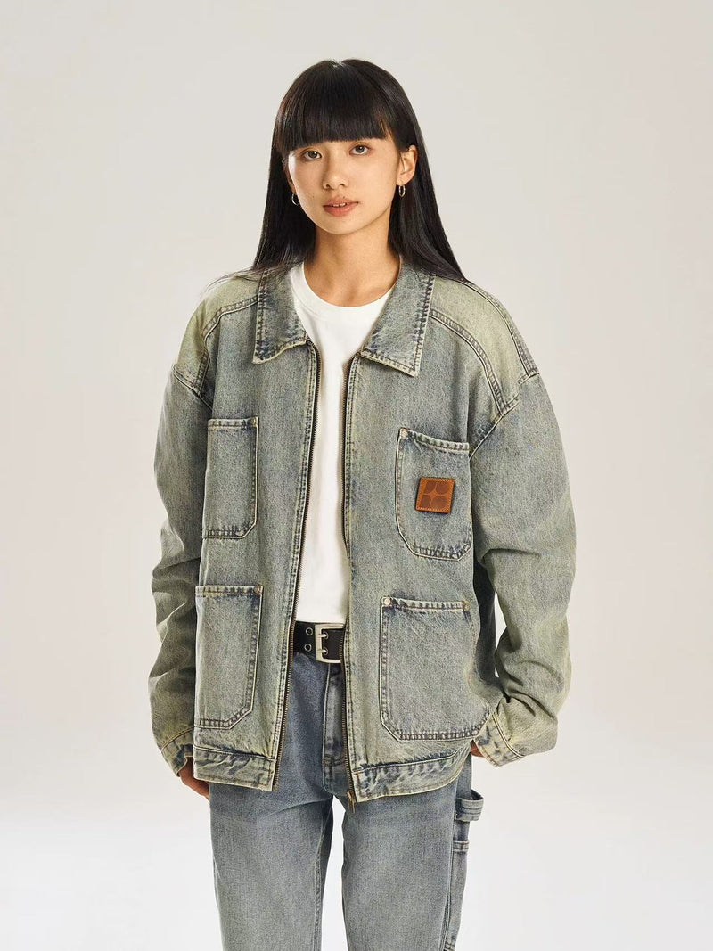 BIPOLAR Retro Distressed Design Washed Denim Jacket