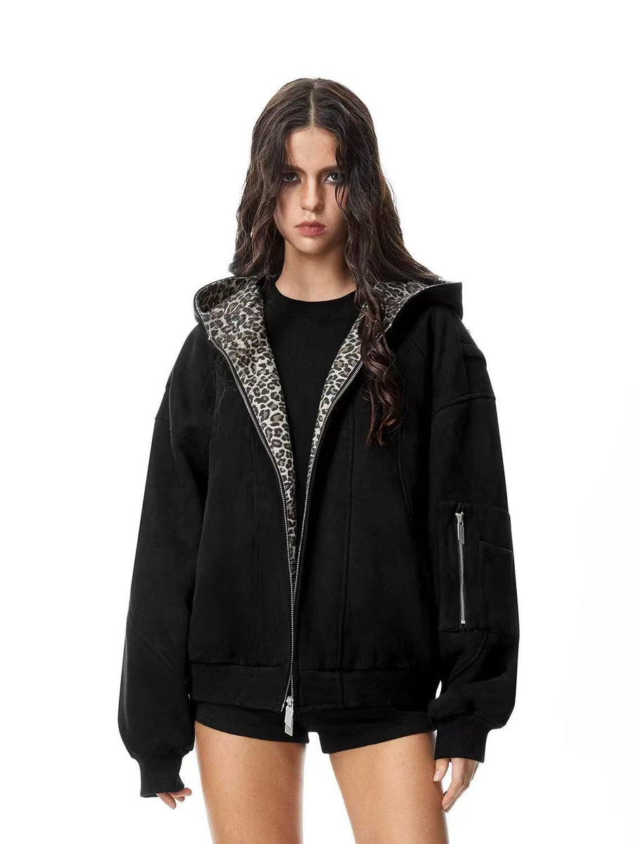 FDR Leopard Print Suede Hooded Jacket