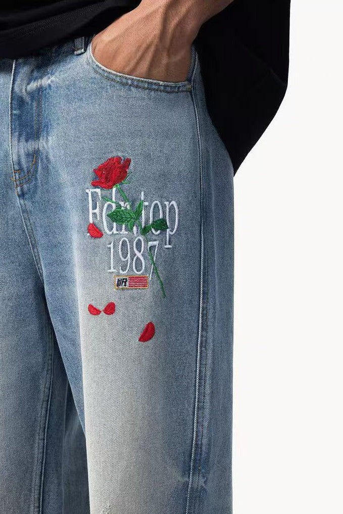 FDR Rose Embroidered Ripped Jeans