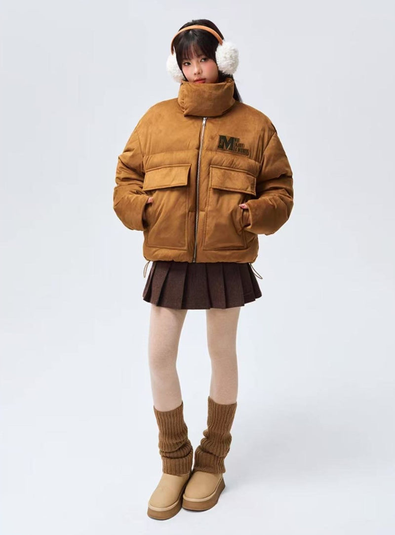 MEDM Logo Embossed Leather Label Scarf Down Jacket