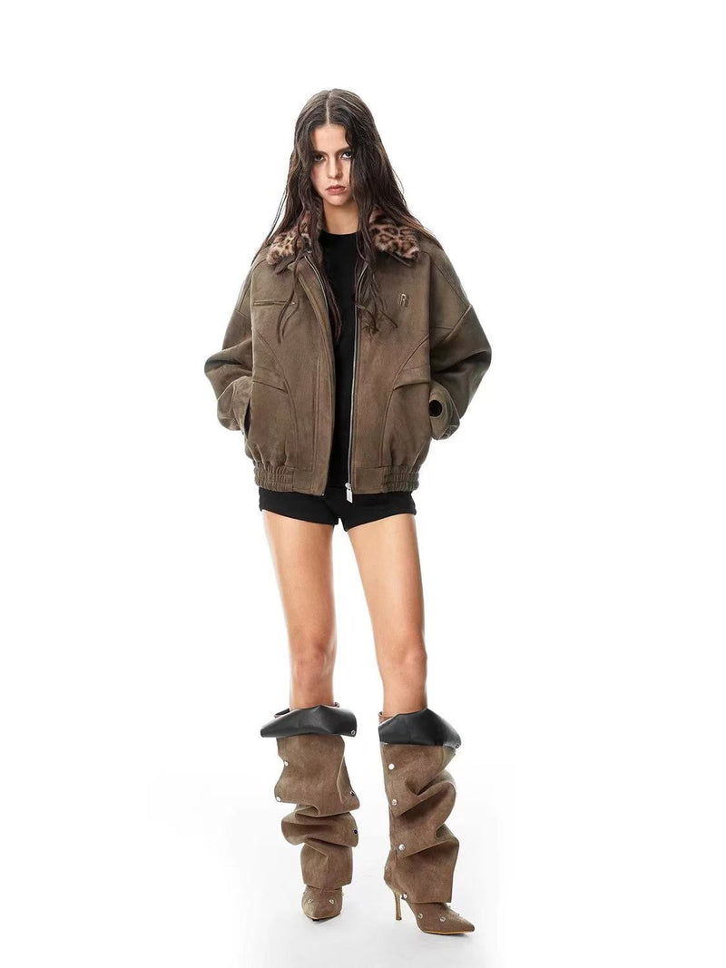 FDR  Suede Leopard Print Contrast Lapel Cardigan Jacket