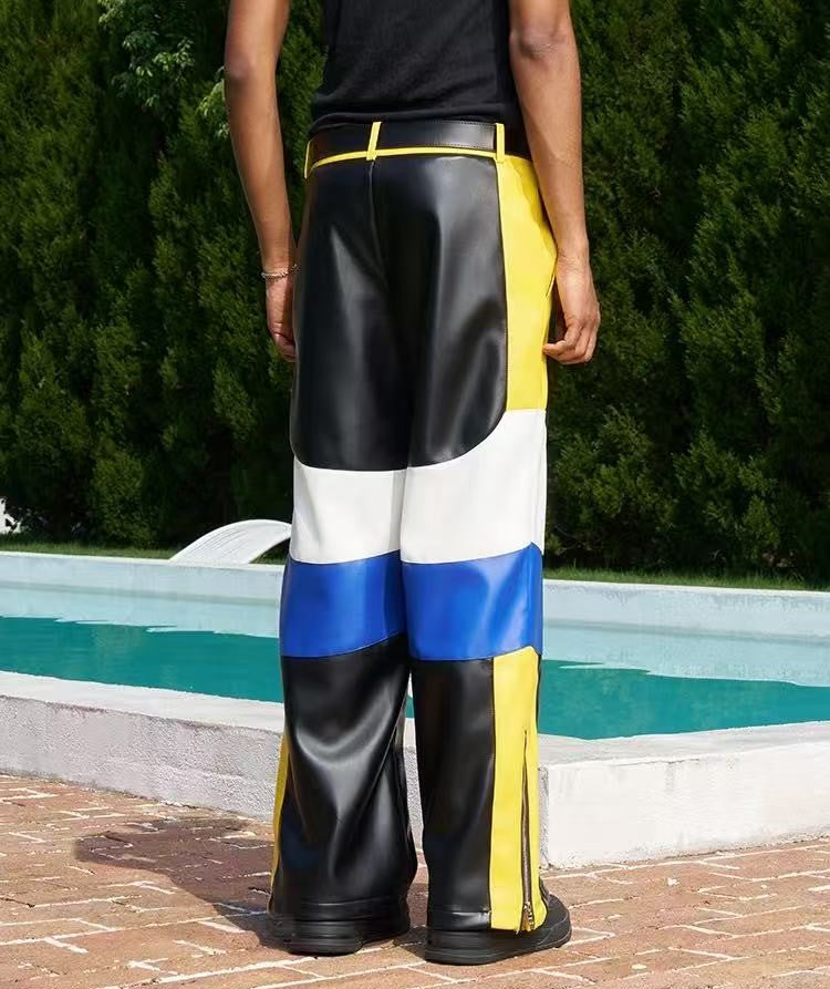 AFGK Street Black and Yellow Contrast Zipper Leather Pants