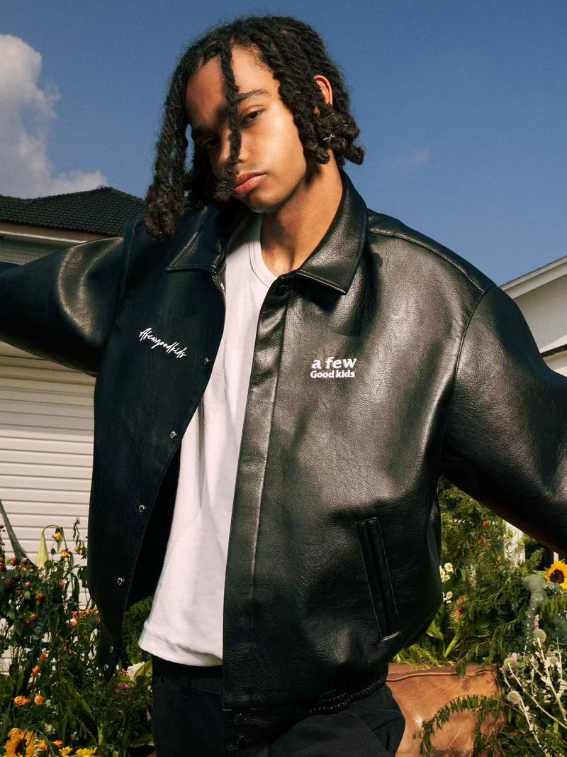 AFGK Logo Embroidered Leather Jacket