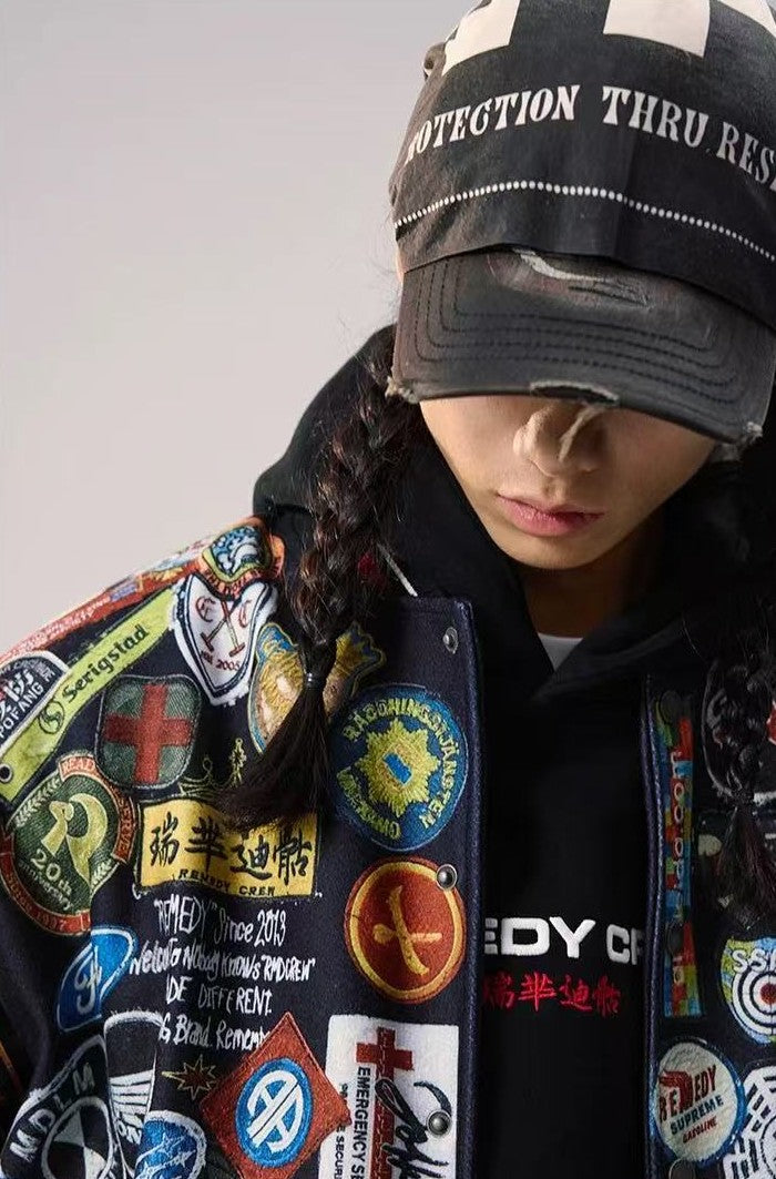 REMEDY Over Printed Badge Varsity Jacket