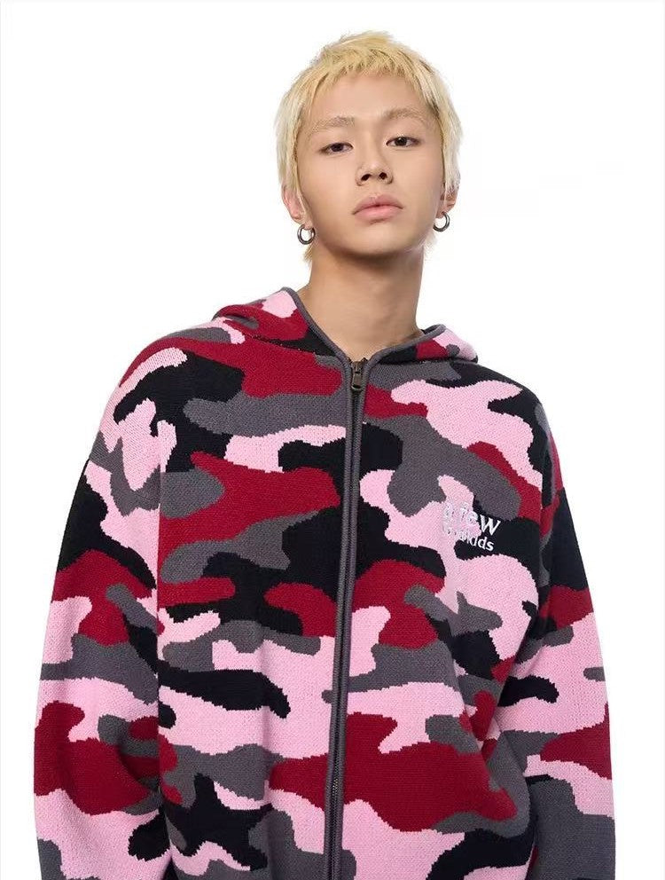 AFGK Pink Camouflage Hooded Cardigan Sweater