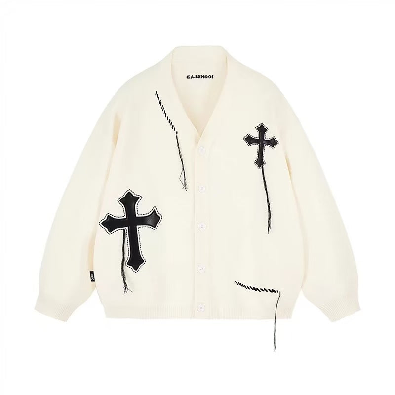 ICONSLAB V-neck Knitted Cardigan Cross Jacquard Sweater