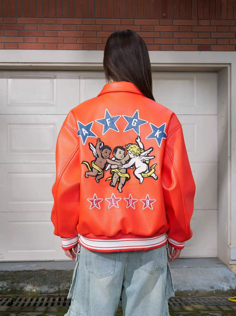 AFGK Star Angel Embroidered Leather Jacket