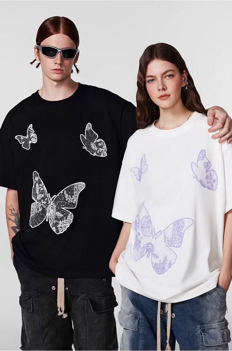 ACHOCK Butterfly Embroidered Crew Neck Short Sleeves Tee