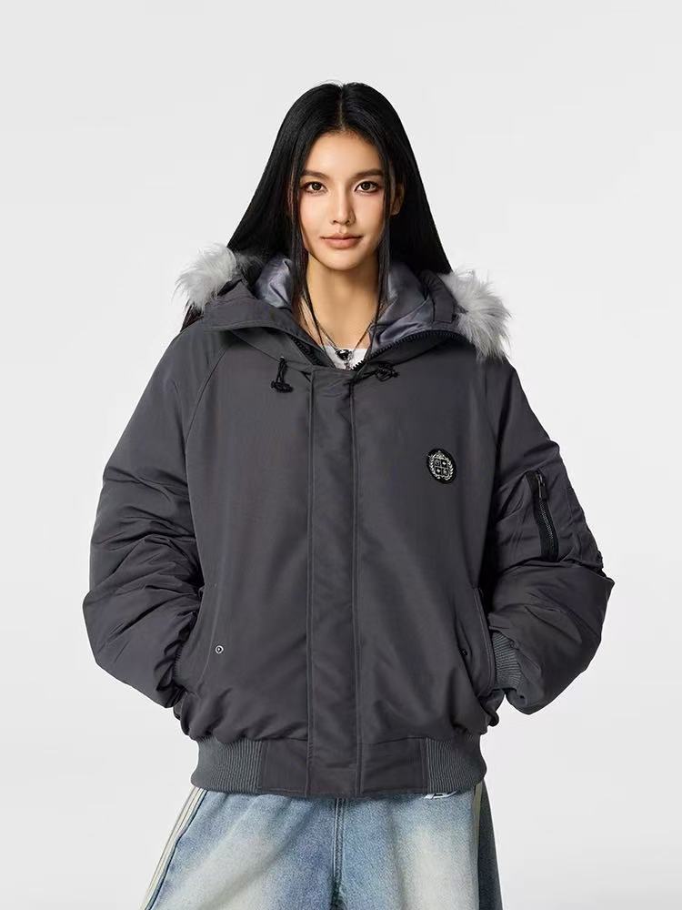 ACHOCK Logo Design Fur Collar Hooded Cotton Coat