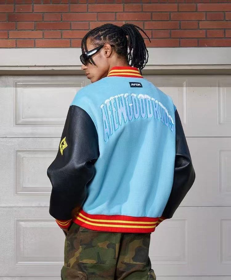 AFGK Snowy Terry Embroidered Contrasting Color Baseball Jacket