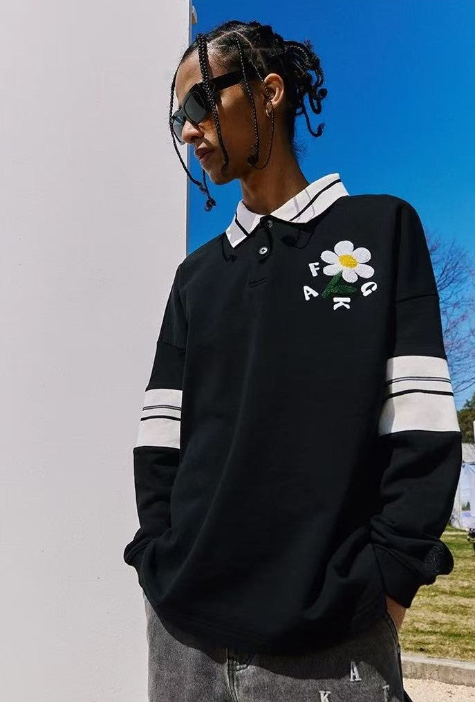 AFGK Small Flower Long-sleeve Polo T-shirt