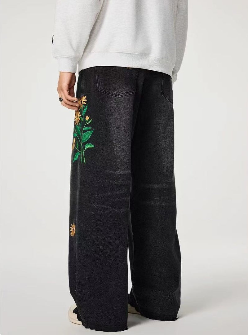 ACHOCK Washed Sun-Flower Embroidered Jeans