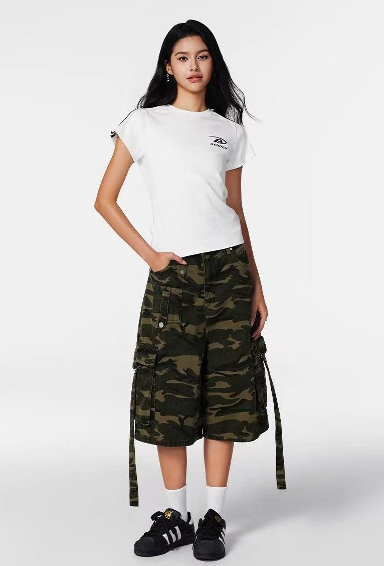ACHOCK Retro Big Pocket Camouflage Baggy Shorts