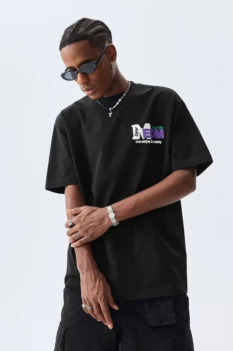 MEDM Retro Graffiti Letters Print Logo Short-sleeve T-Shirt