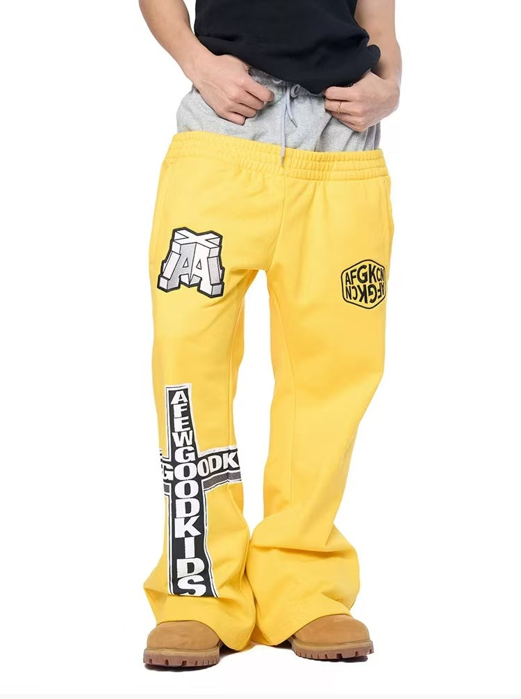 AFGK Fake Two Piece Double Waist Drawstring Bootcut Sweatpants
