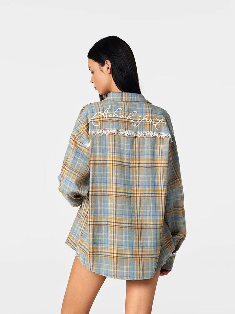 ACHOCK Retro Plaid Lace Splicing Long-sleeve Shirt