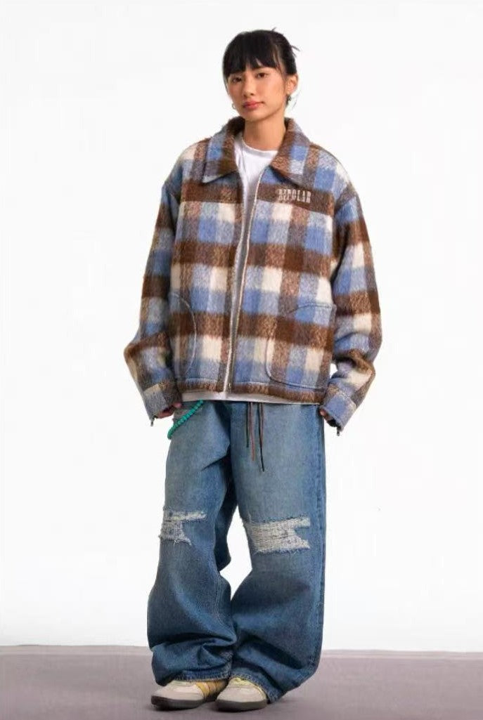 BIPOLAR Plush Plaid Color Block Jacket