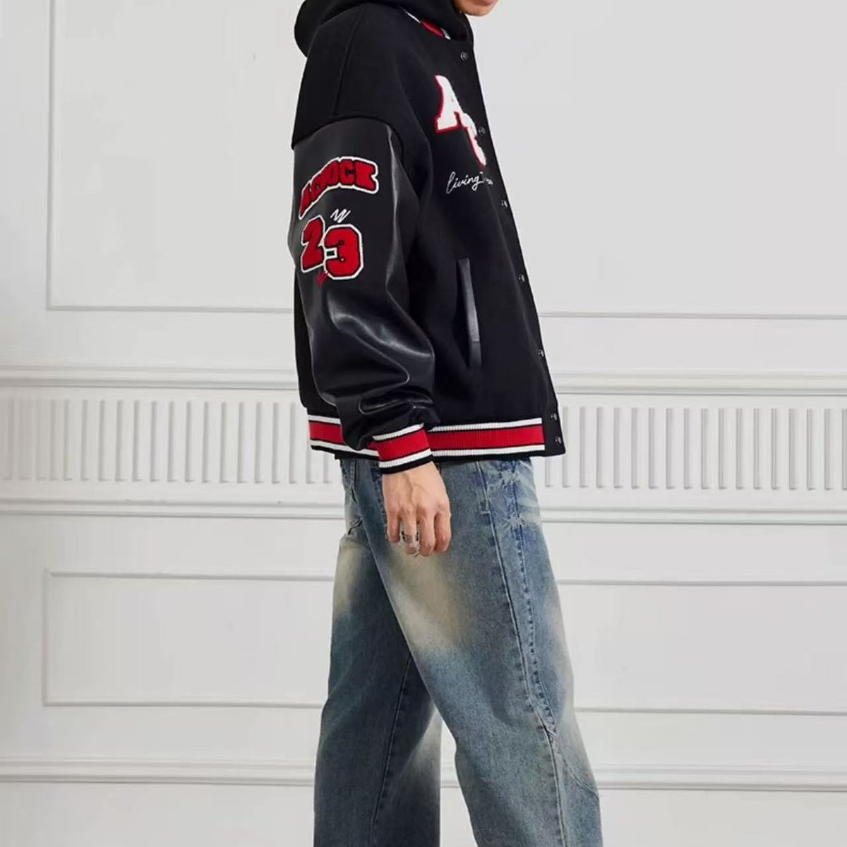 ACHOCK Retro Stitching Flocked Embroidery Varsity Jacket
