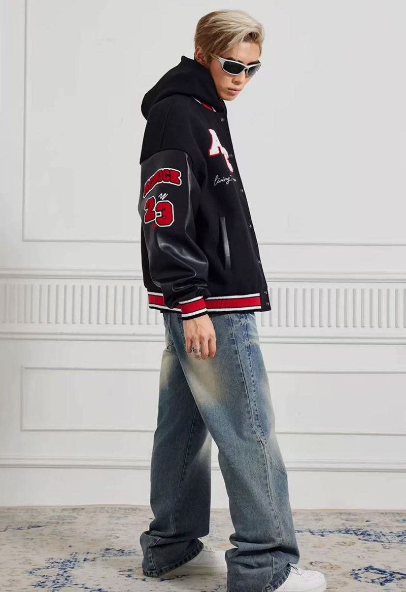 ACHOCK Retro Stitching Flocked Embroidery Varsity Jacket