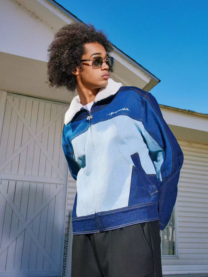 AFGK Spliced Fur Collar Denim Letter Embroidery Jacket