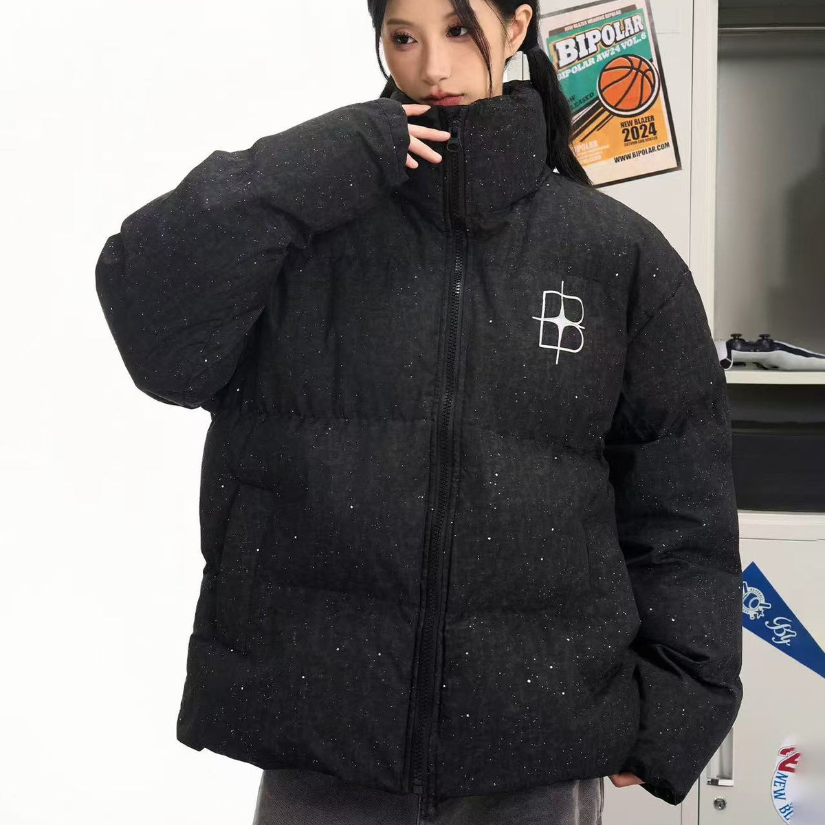 BIPOLAR Four-pointed Star Black Starry Sky Cotton Jacket