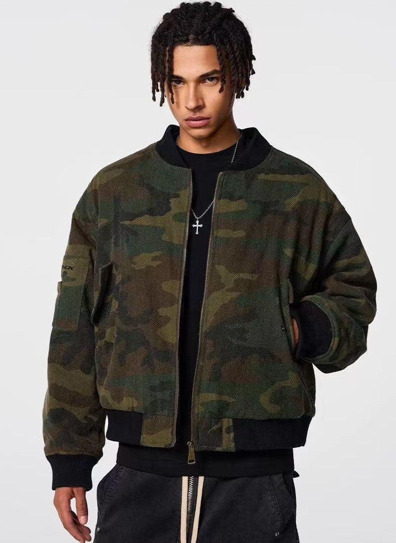 ACHOCK Washed Distressed Camouflage Cotton Bomber Jacket