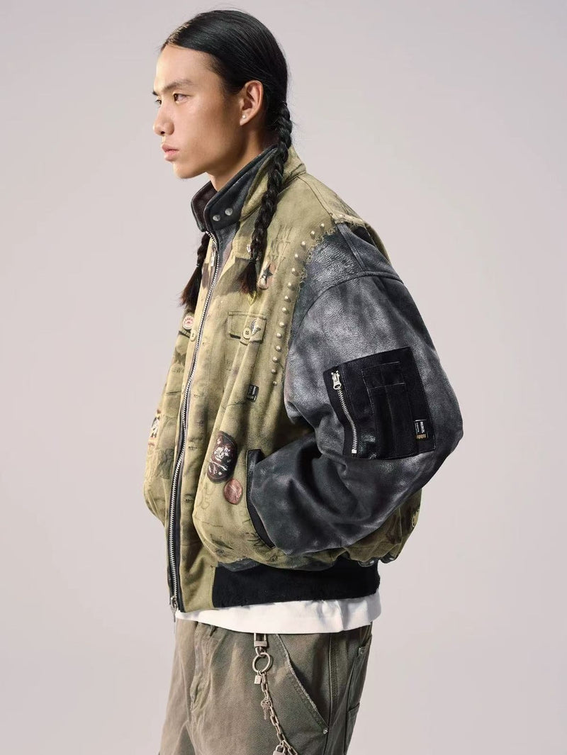 REMEDY Washed Printed Patchwork Bomber Jacket