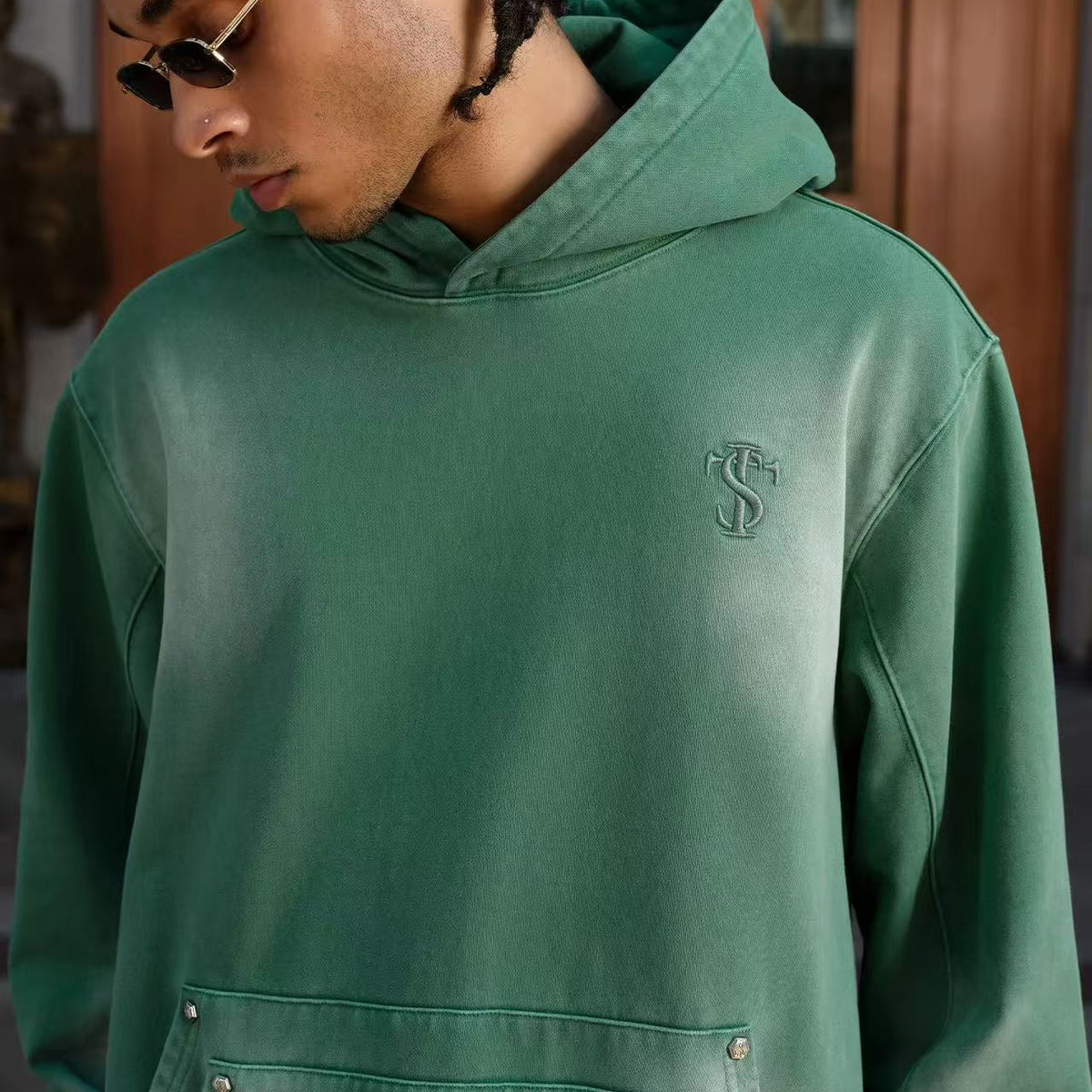 STK Double Pouch Rivet Pocket Wash Hoodie
