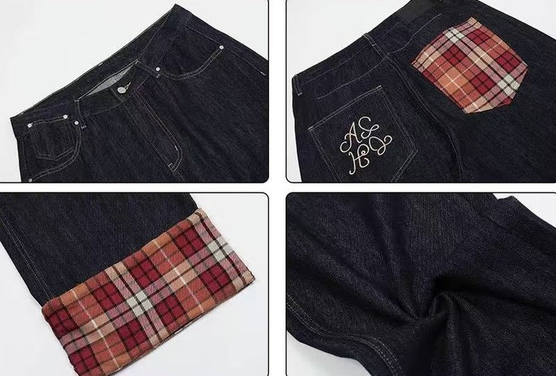 ACHOCK Plaid Patchwork Design Denim Jeans