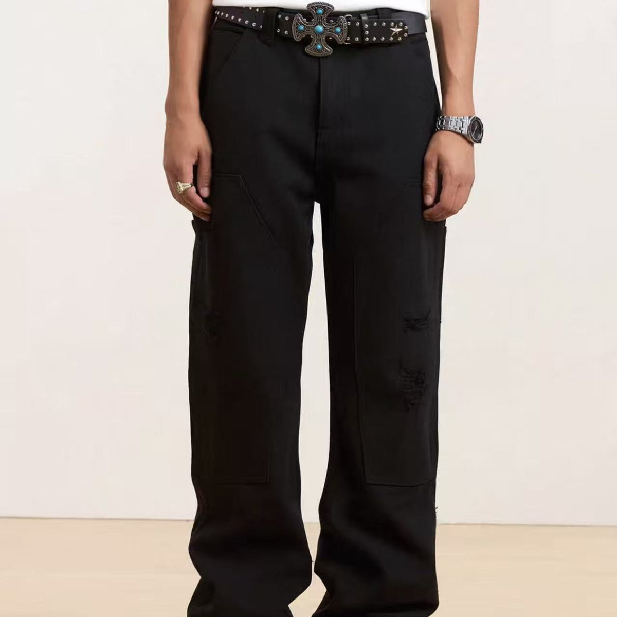 STK Washed Distressed Patchwork Jeans