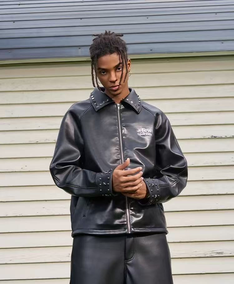 AFGK Glossy Studded Zippered Leather Jacket