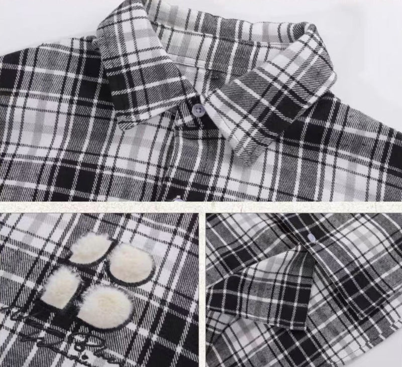 BIPOLAR Fleece patchwork Brushed Contrast plaid Tops