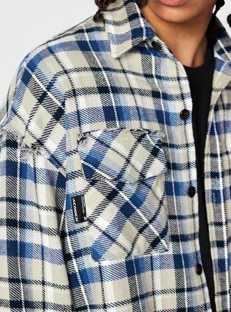 ACHOCK Retro Plaid Tassel Long-sleeve Shirt