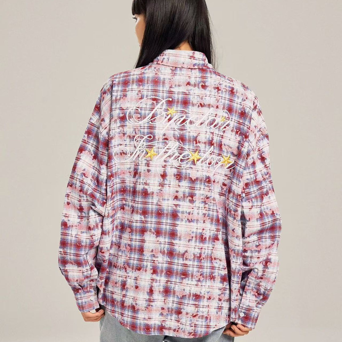 BIPOLAR Retro Floral Letter Embroidered Tie-dye Plaid Shirt