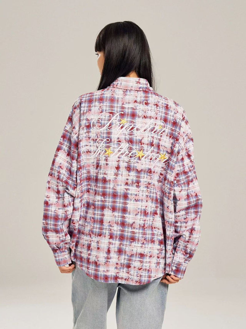BIPOLAR Retro Floral Letter Embroidered Tie-dye Plaid Shirt