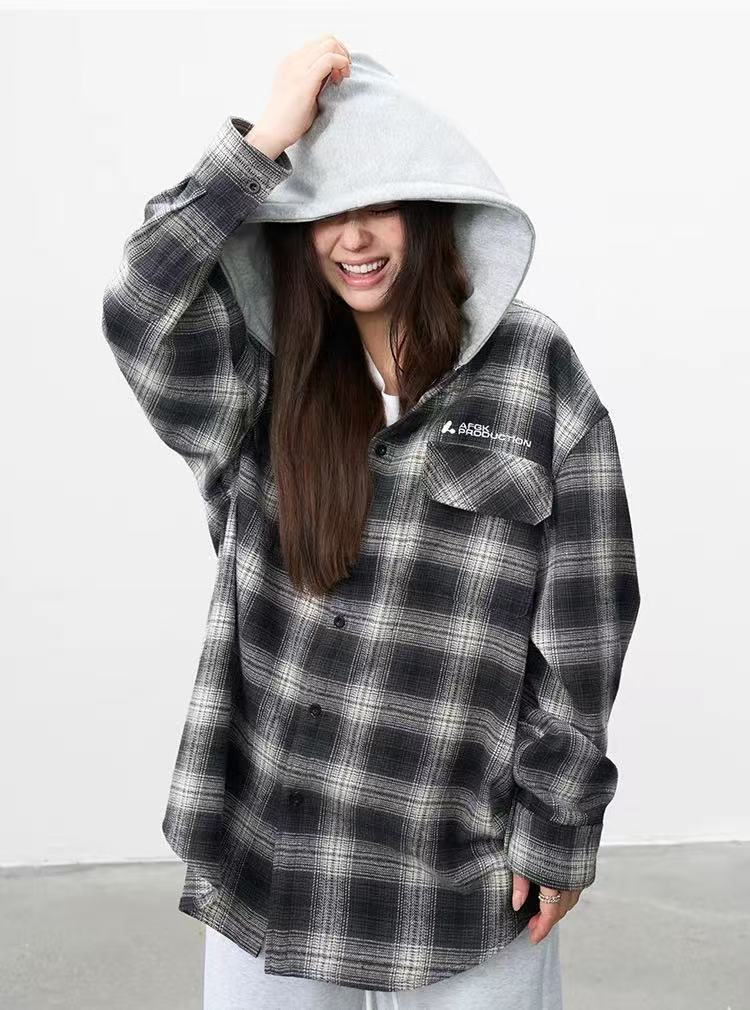 AFGK Vintage Plaid Hooded Long-sleeved Shirt