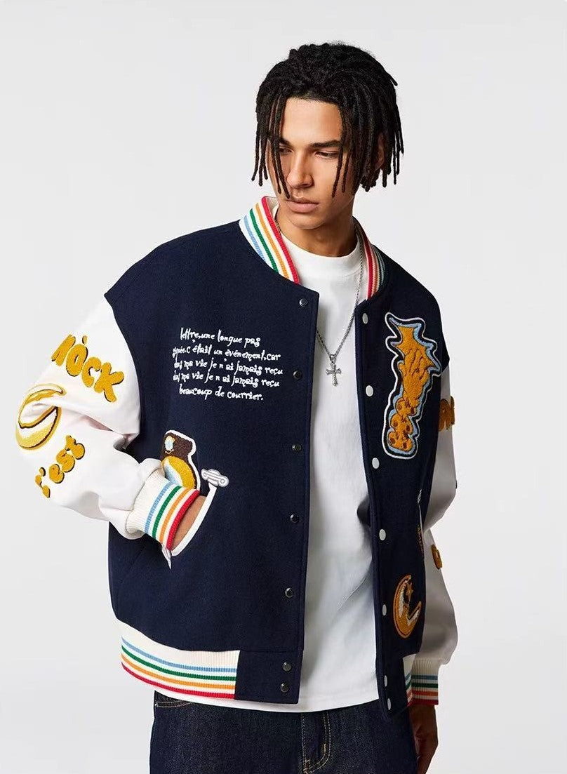 ACHOCK Crescent Bear Embroidered Baseball Jacket
